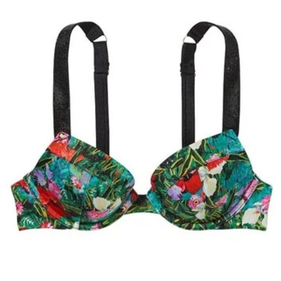New! Victoria's Secret Swim Black Green Shine Strap Push Up Bikini Top 4635 - Picture 1 of 12